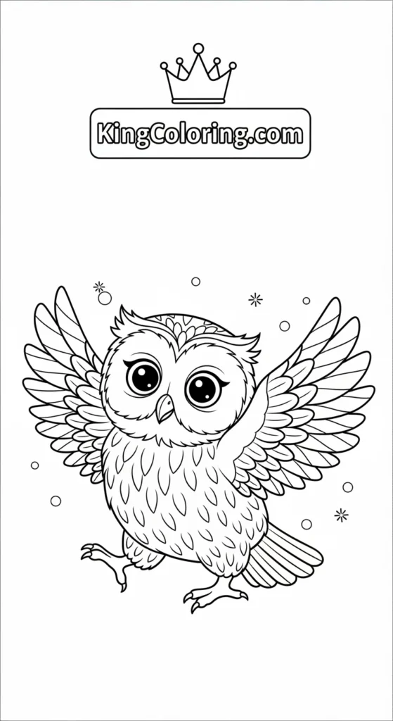 Owl coloring pages featuring a small owl stretching its wings