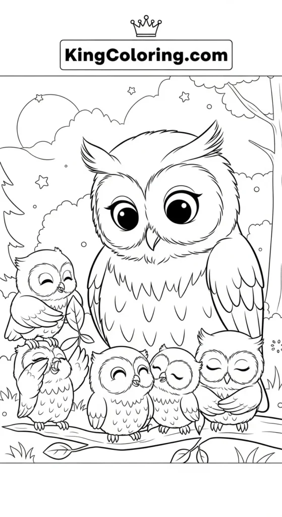 Owl coloring pages illustrating a parent owl watching over playful baby owls