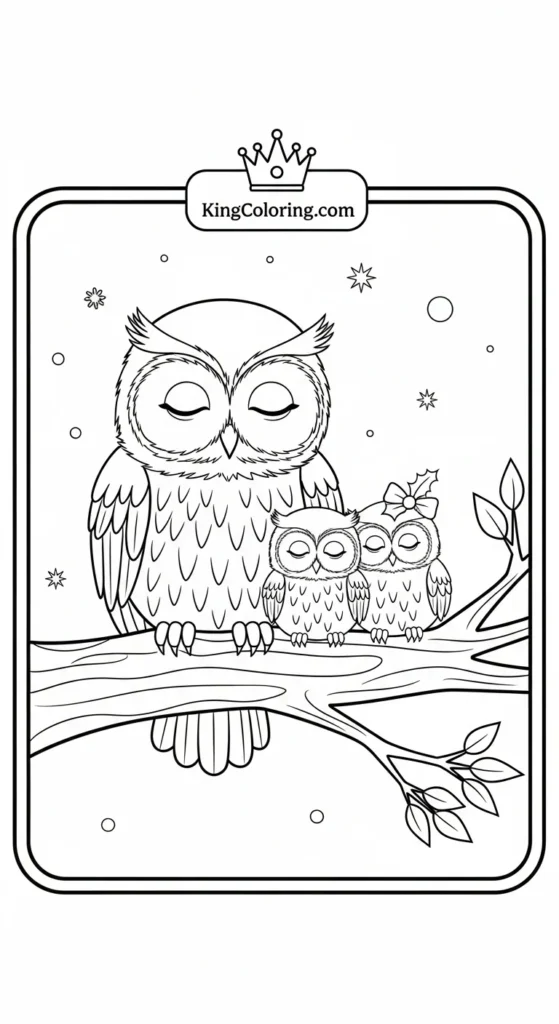 Owl coloring pages illustrating an owl family resting together on a tree branch