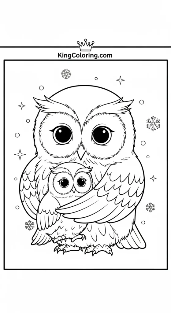 Owl coloring pages illustrating an owl parent gently cuddling one baby owl