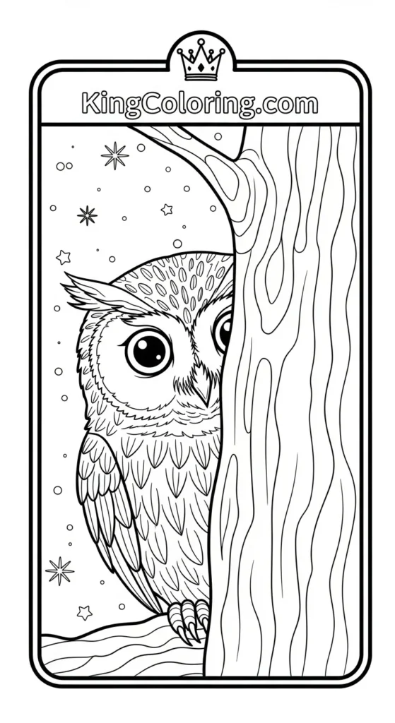 Owl coloring pages with a tiny owl peeking from behind a tree trunk