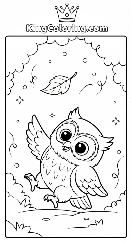 Owl coloring pages with an owl playfully catching a falling leaf