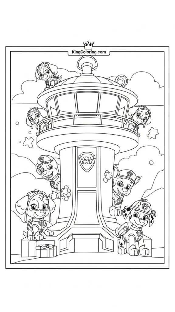 PAW Patrol lookout tower with pups around it