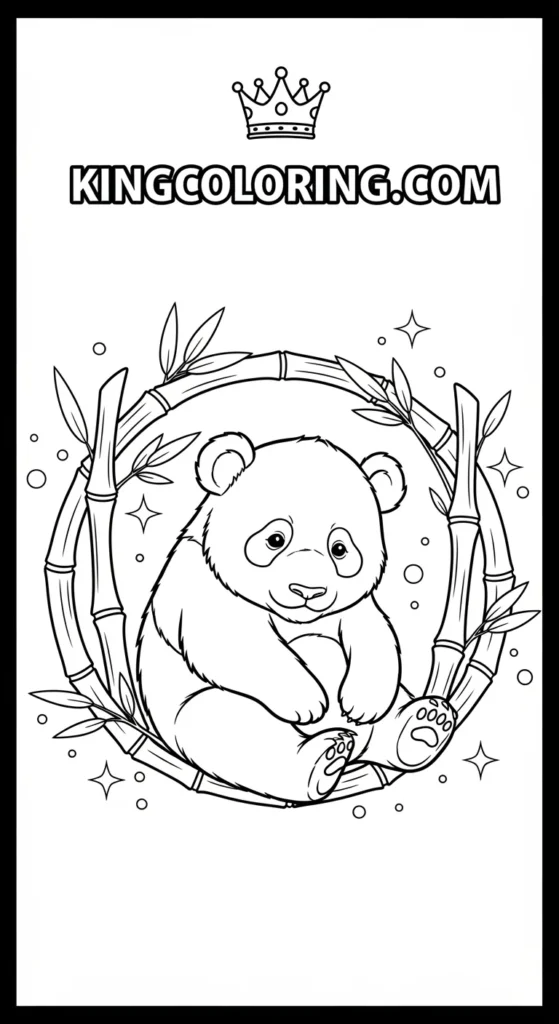 Panda coloring pages depicting a baby panda sitting inside a bamboo circle