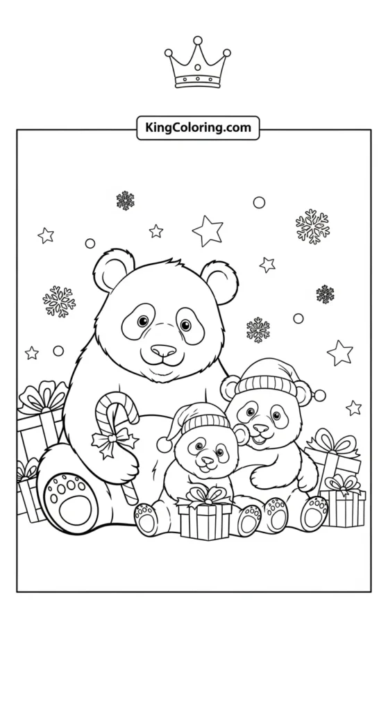 Panda coloring pages depicting a panda family sitting at different angles
