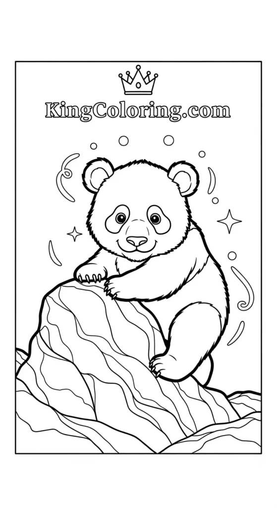 Panda coloring pages featuring a small panda climbing a rock