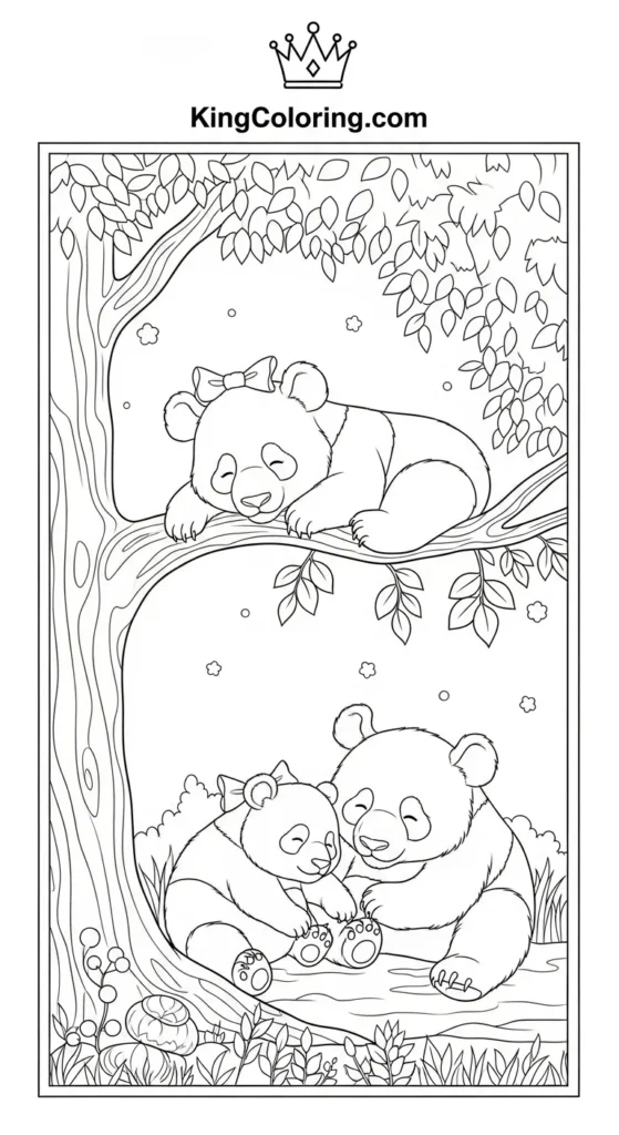 Panda coloring pages illustrating a panda family resting together under a tree