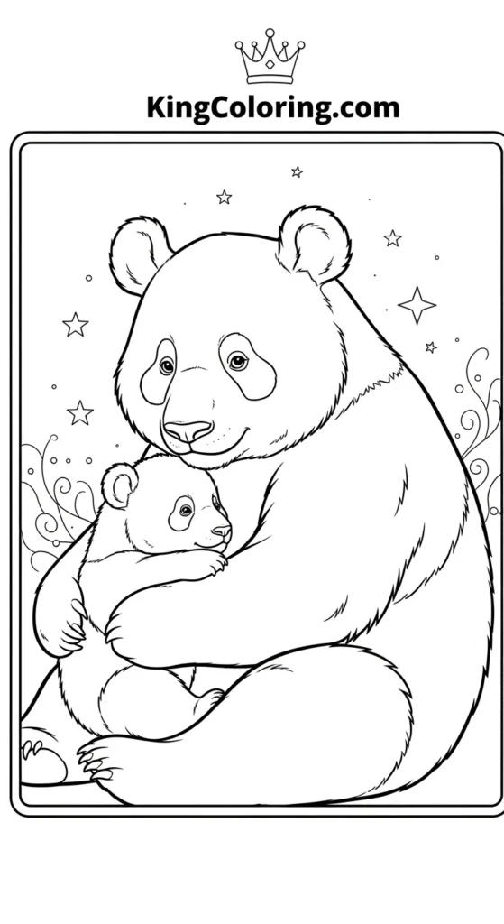 Panda coloring pages illustrating a panda parent gently cuddling one baby panda