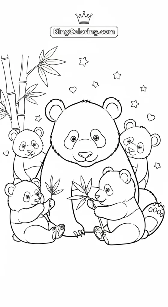 Panda coloring pages illustrating a parent panda watching over playful baby pandas