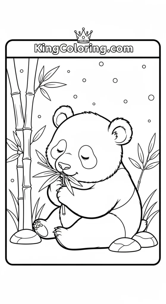 Panda coloring pages showing a tiny panda sniffing bamboo leaves