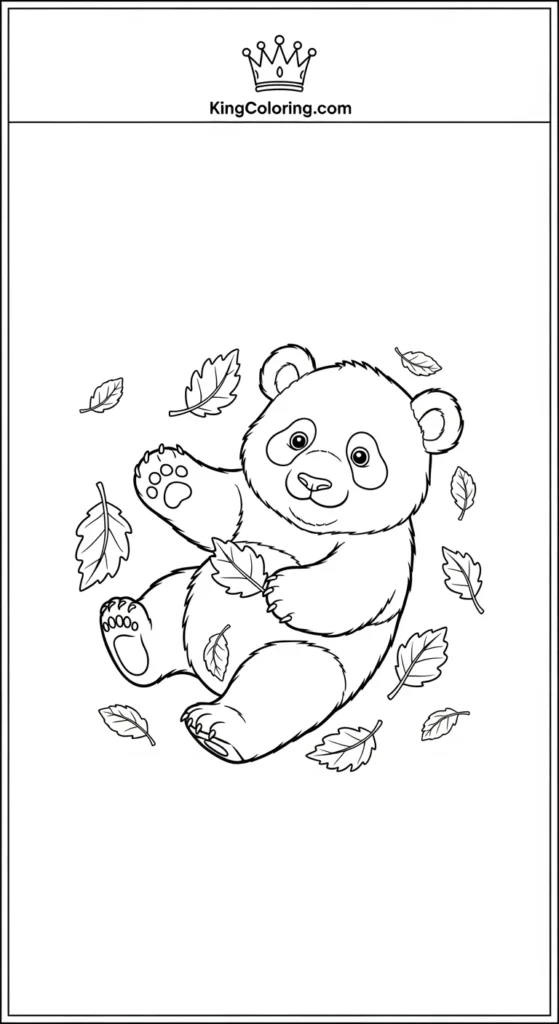 Panda coloring pages with a baby panda playing with falling leaves
