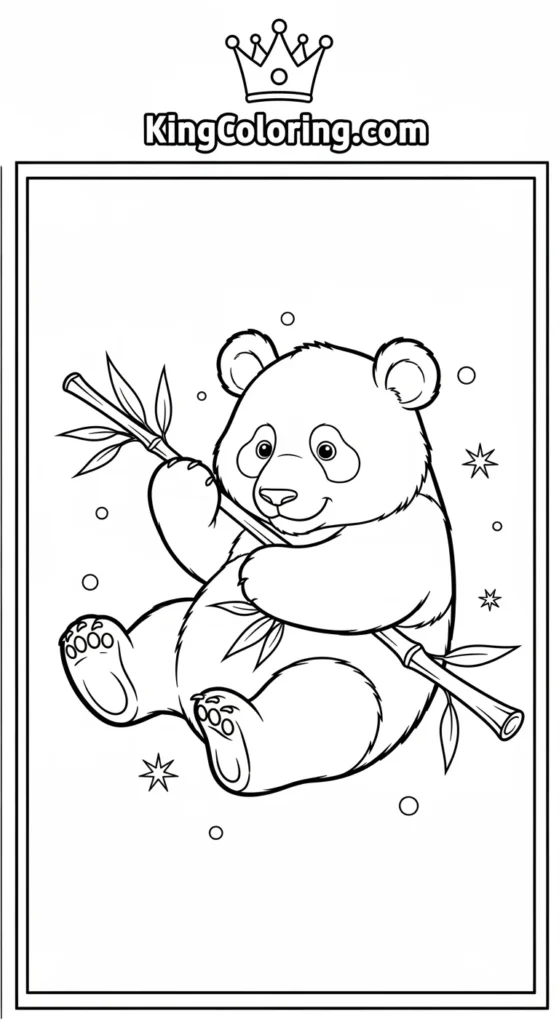 Panda coloring pages with a panda playfully rolling a bamboo stick