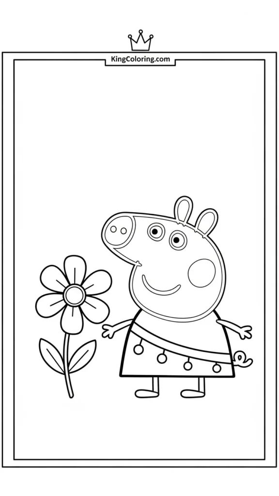Peppa Pig standing beside a flower