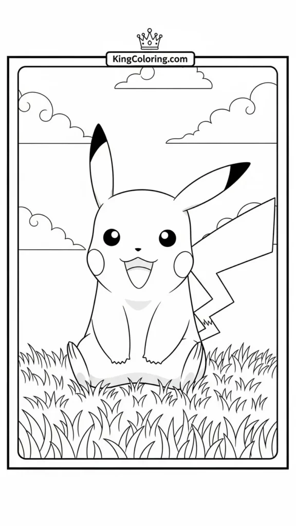 Pikachu sitting on grass with simple clouds behind