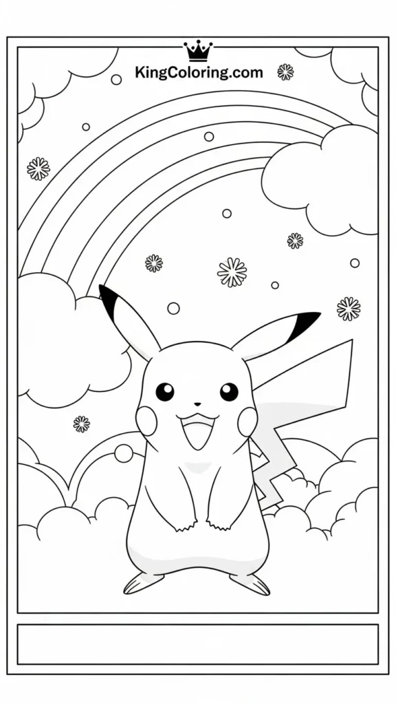 Pikachu standing under a rainbow
