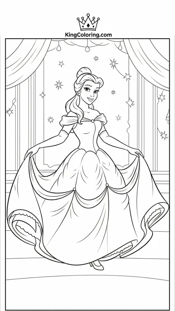 Princess Belle dancing in a ballroom with a flowing dress