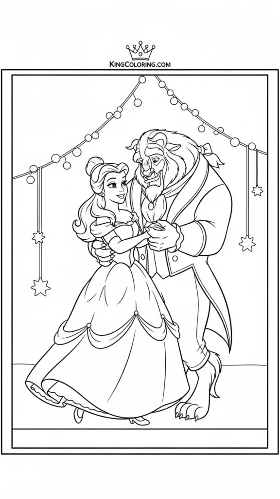 Princess Belle dancing with the Beast in a friendly