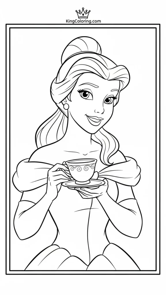 Princess Belle holding a teacup with a smile