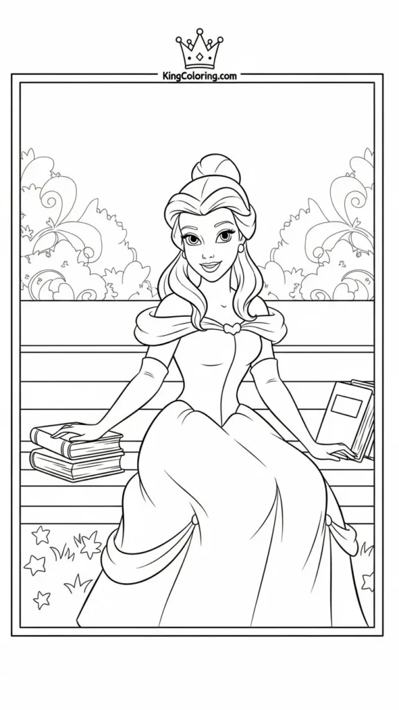 Princess Belle sitting on a bench with books beside her