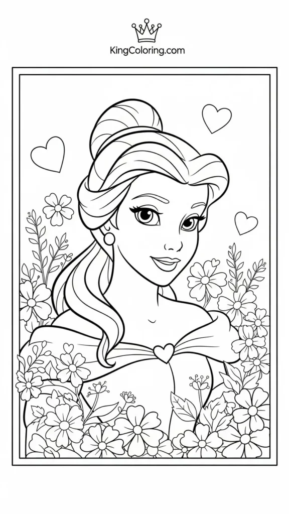 Princess Belle surrounded by flowers and hearts