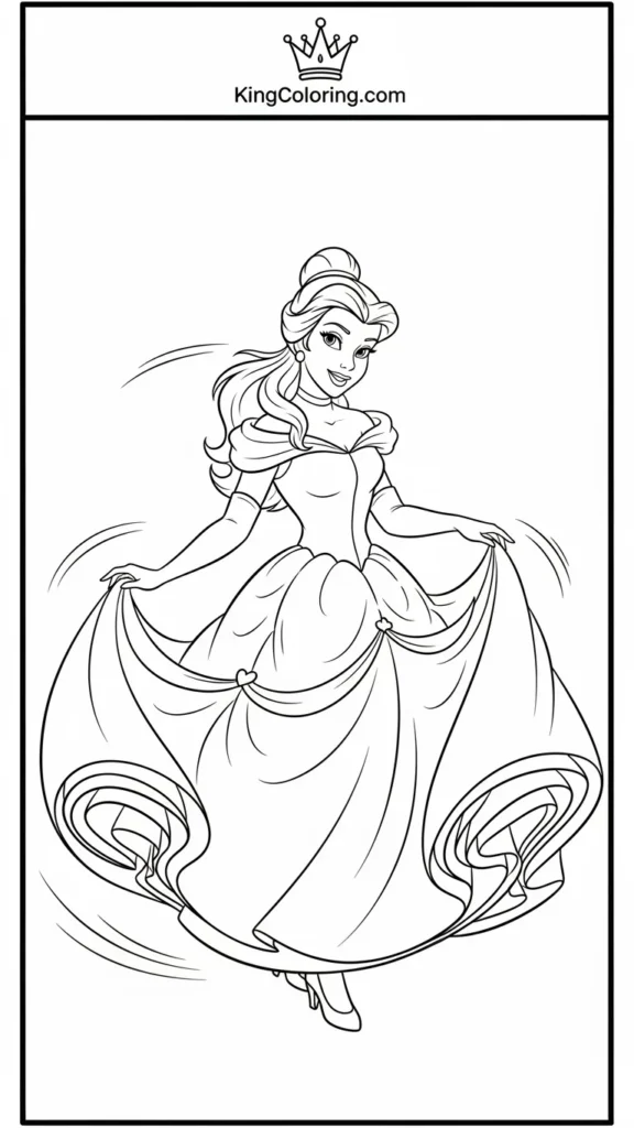 Princess Belle twirling in her dress with motion lines