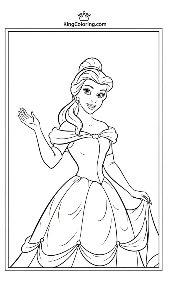 Princess Belle waving gracefully in her iconic dress