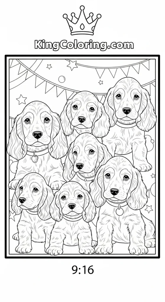 Puppy dog coloring pages depicting a Cocker Spaniel puppy family
