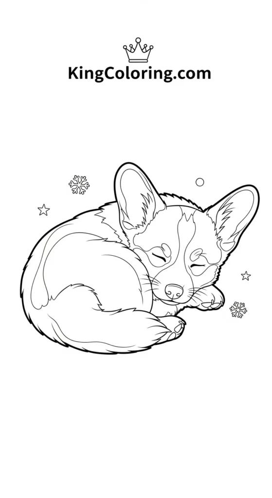 Puppy dog coloring pages depicting a Corgi puppy sleeping curled up