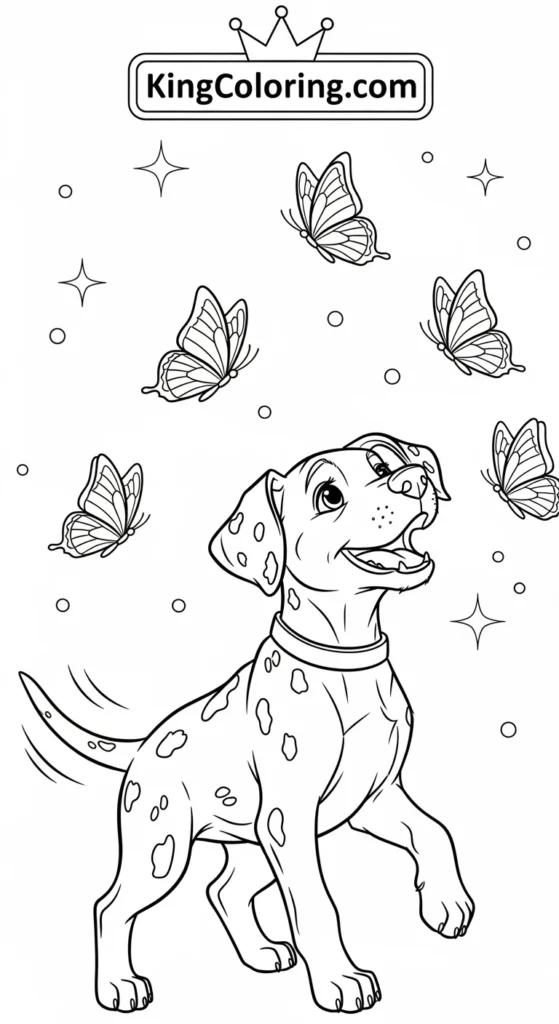Puppy dog coloring pages featuring a Dalmatian puppy chasing butterflies