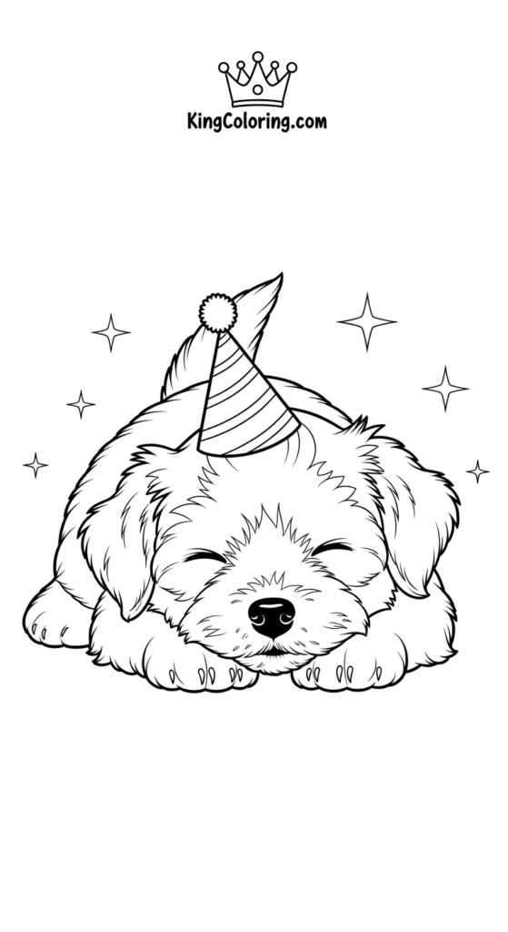 Puppy dog coloring pages featuring a Maltese puppy lying on its belly with chin resting on paws
