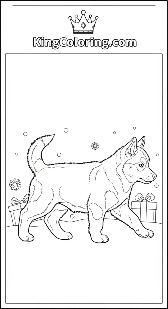 Puppy dog coloring pages featuring a Siberian Husky puppy walking slowly