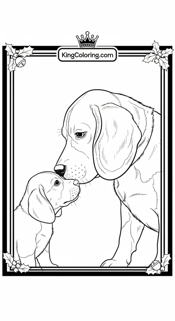 Puppy dog coloring pages illustrating a Beagle parent gently nudging one pup