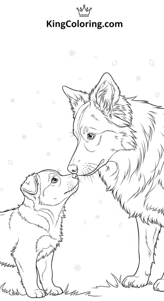 Puppy dog coloring pages illustrating a Border Collie parent guiding a pup forward