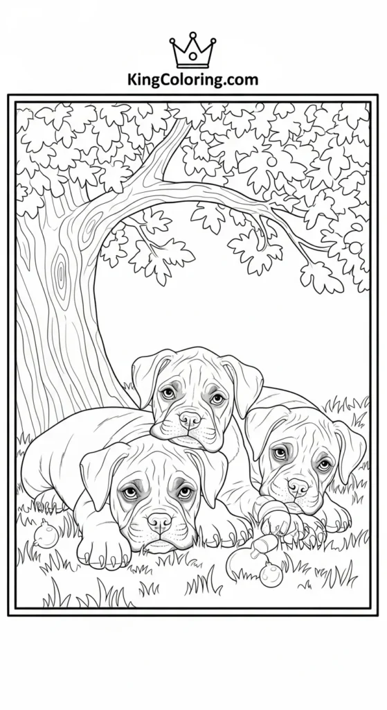 Puppy dog coloring pages illustrating a Boxer puppy family resting together under a tree