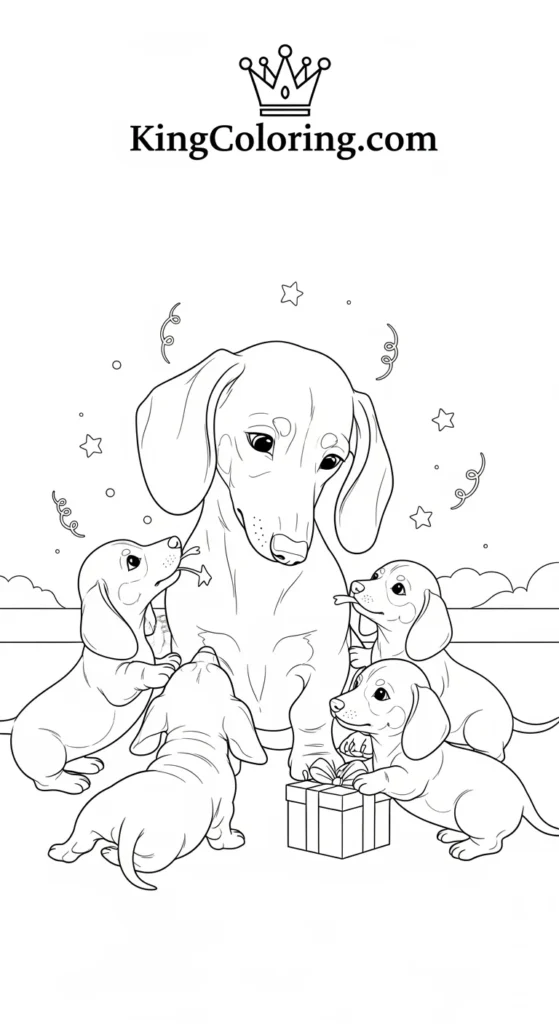 Puppy dog coloring pages illustrating a Dachshund parent watching over playful pups