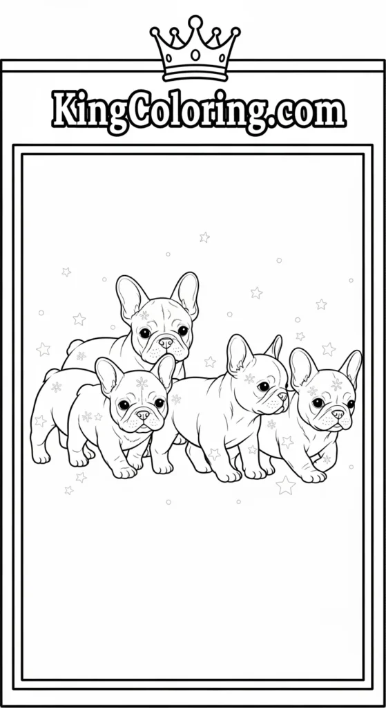 Puppy dog coloring pages showing a French Bulldog puppy family walking together