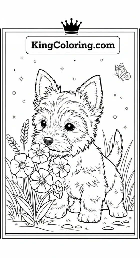 Puppy dog coloring pages showing a Yorkshire Terrier puppy sniffing flowers
