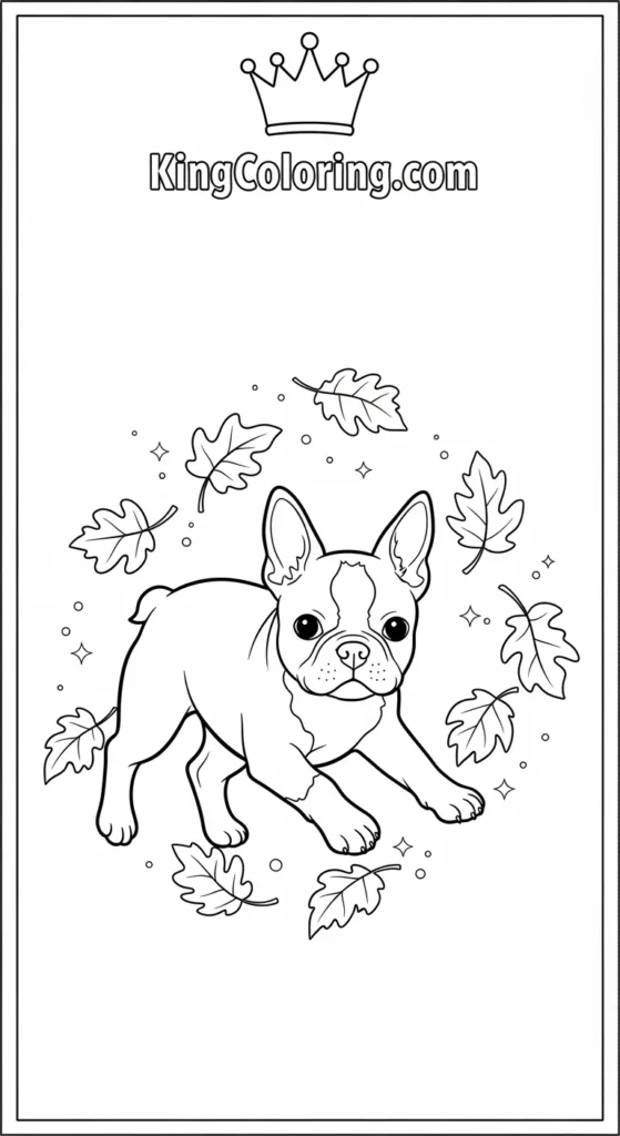 Puppy dog coloring pages with a Boston Terrier puppy playing with falling leaves