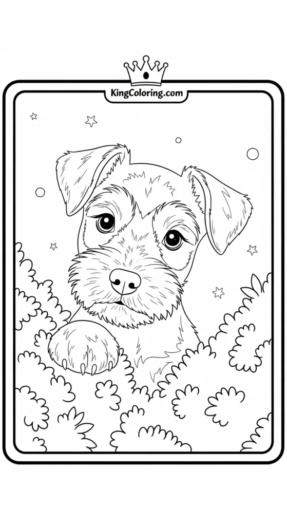 Puppy dog coloring pages with a Miniature Schnauzer puppy peeking from behind a bush