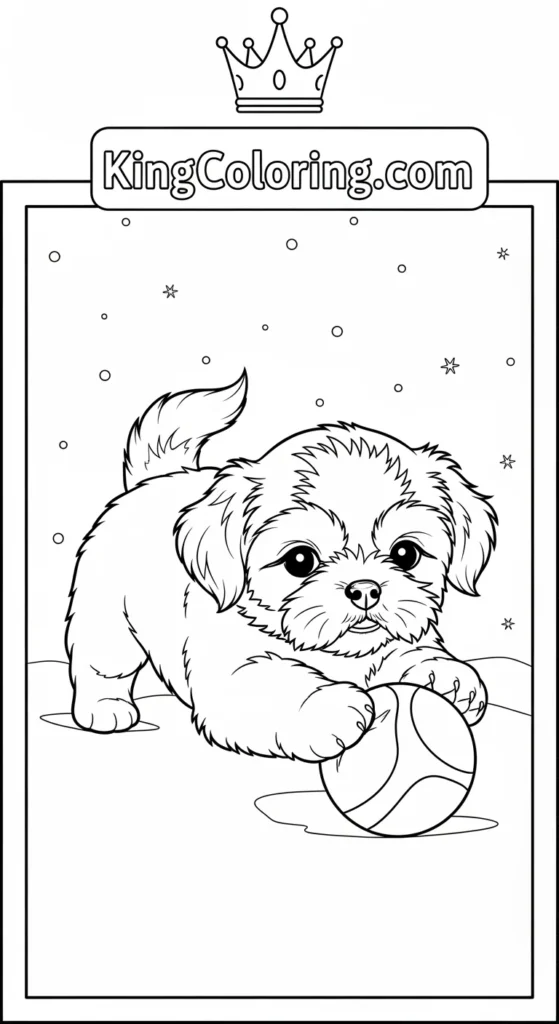Puppy dog coloring pages with a Shih Tzu puppy playfully rolling a ball