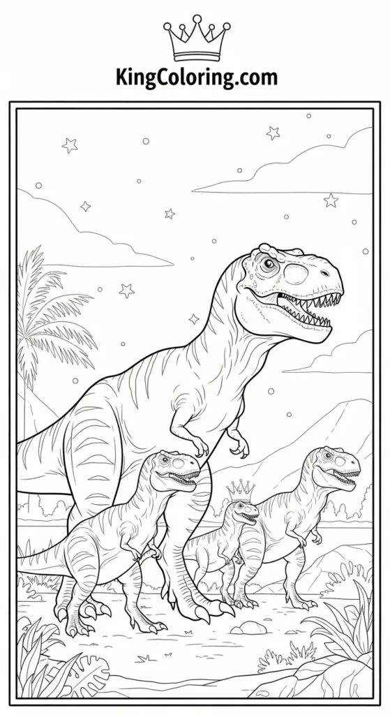 T-Rex coloring pages depicting a T-Rex family walking together