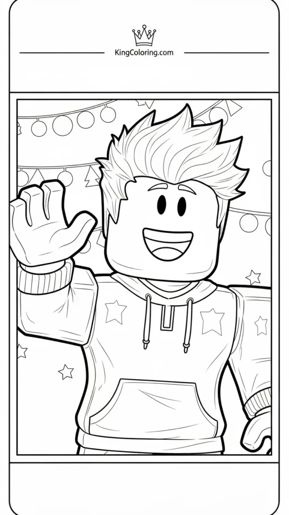 Roblox avatar waving with a big smile