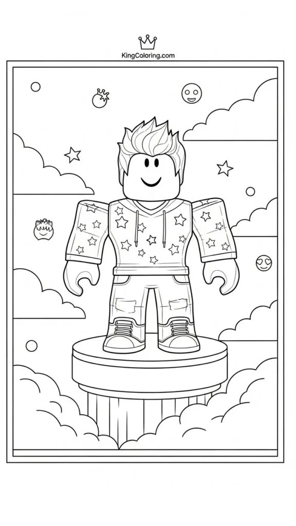 Roblox character standing on a platform with clouds