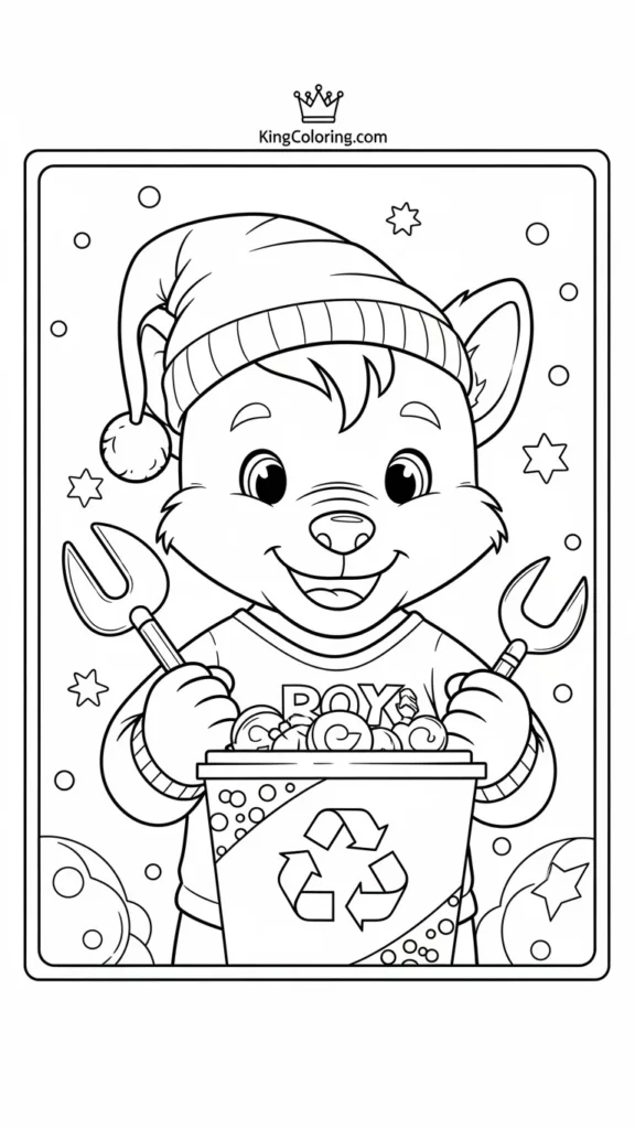 Rocky holding recycling tools with a friendly smile