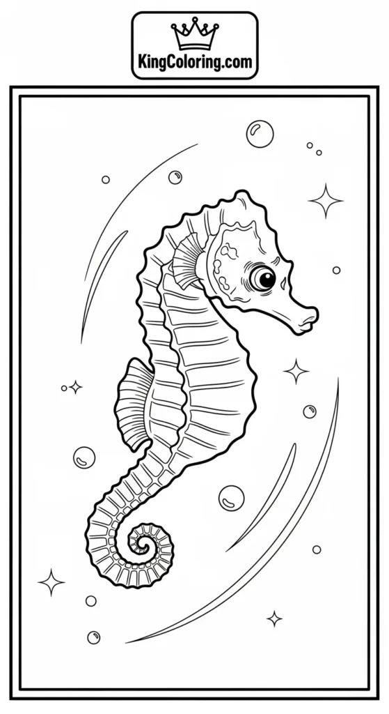 Seahorse coloring page depicting a baby seahorse swimming in small loops