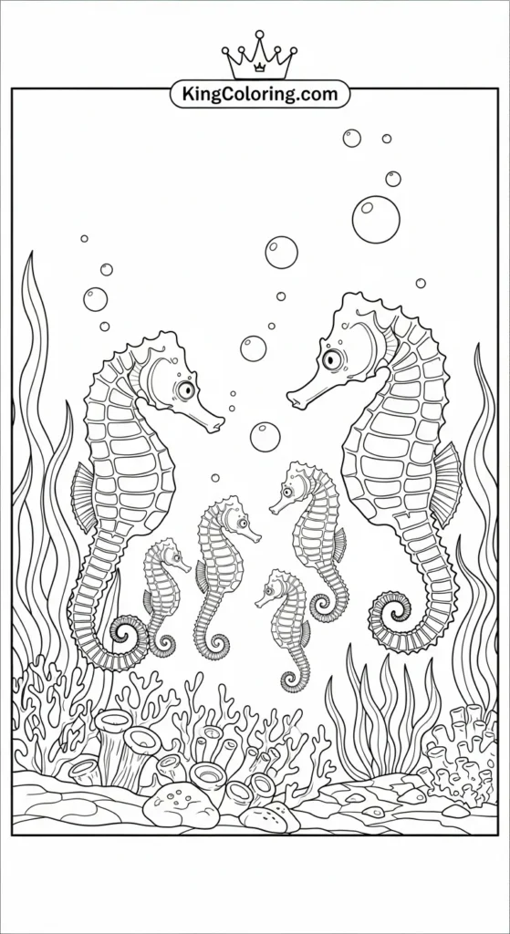 Seahorse coloring page depicting a seahorse family drifting together
