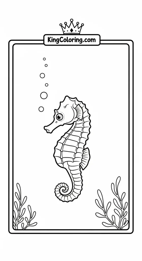 Seahorse coloring page depicting a small seahorse slowly drifting sideways