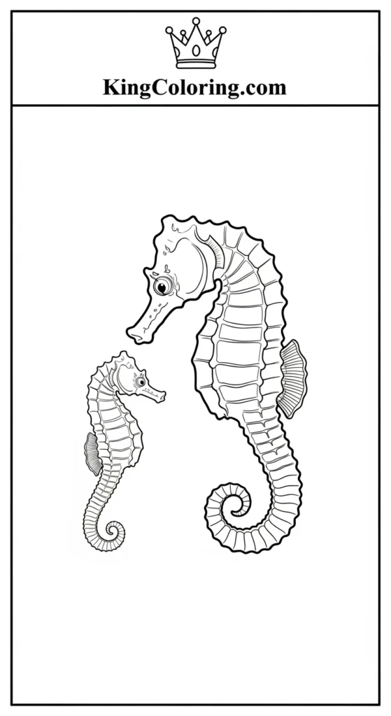 Seahorse coloring page featuring a parent seahorse guiding a baby forward