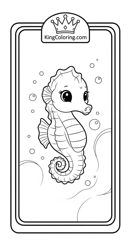 Seahorse coloring page featuring a small cute seahorse floating upright