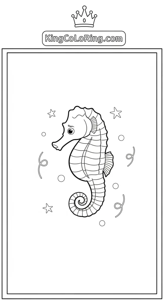 Seahorse coloring page featuring a tiny seahorse floating upside down